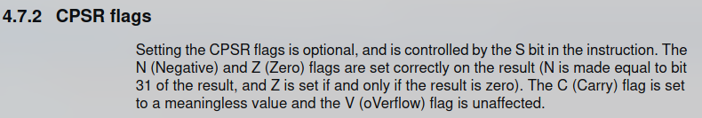 An image of the ARM7TDMI manual explaining that the carry and overflow flags are UNPREDICTABLE after a multiply instruction.